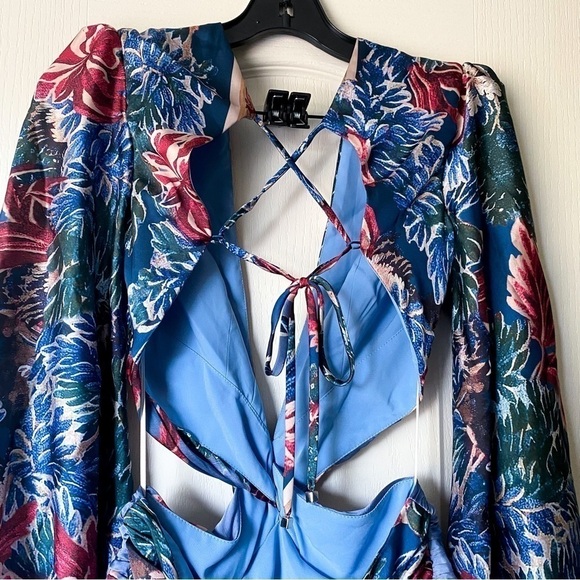 PatBO Dress Gilly Print Cut-Out Maxi Floral Open Back Slit Vacation Blue 8 NWT - Picture 9 of 13